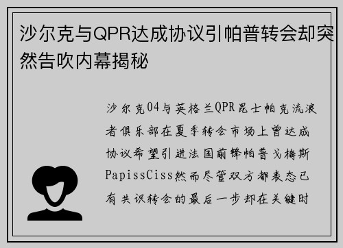 沙尔克与QPR达成协议引帕普转会却突然告吹内幕揭秘